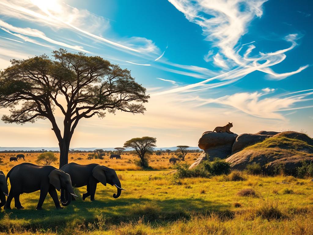 A sun-dappled savanna in the Queen Elizabeth National Park, Uganda. In the foreground, a herd of elephants gracefully grazes, their large ears flapping in the gentle breeze. Towering acacias dot the middle ground, casting warm shadows across the lush, verdant grass. In the distance, a pride of lions lazily lounges on a rocky outcrop, surveying their domain. The sky is a brilliant blue, with wispy clouds drifting overhead, illuminated by the golden light of the afternoon sun. The scene exudes a sense of peaceful tranquility, capturing the essence of a quintessential African safari experience.