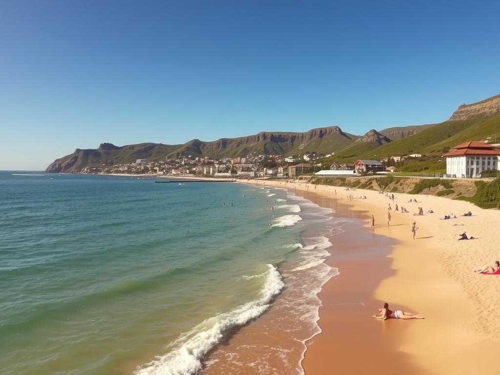 A sun-drenched beach along the Garden Route, the waves gently lapping at the golden sand. In the foreground, people sunbathing, swimming, and playing in the calm, turquoise waters. The middle ground reveals a picturesque coastal town with colorful houses and bustling boardwalks. In the background, rugged cliffs and lush, verdant hills frame the serene seaside scene. The lighting is warm and soft, creating a serene and inviting atmosphere. The camera angle captures a wide, panoramic view, showcasing the ideal conditions for a relaxing day by the ocean.