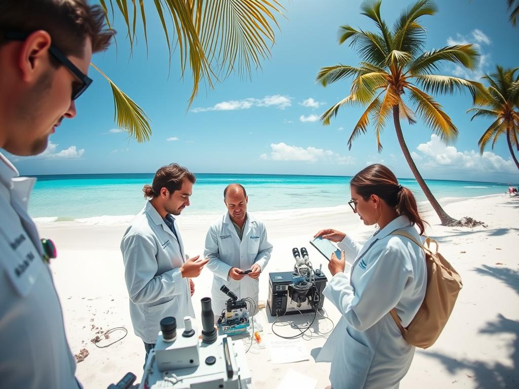 A sun-drenched beachscape, pristine white sands and azure waves lapping at the shore. In the foreground, a team of scientists engrossed in their work, their equipment and instruments neatly arranged. A wide-angle lens captures the scene, highlighting the interplay between the natural environment and the dedicated pursuit of knowledge. The researchers study samples, consult their notes, and gaze out over the tranquil waters, their expressions reflecting a deep fascination with the coastal ecosystem. Soft, diffused lighting bathes the scene, creating a sense of serene exploration and discovery. The background is dotted with palm trees swaying gently in the breeze, creating a picturesque and immersive setting for this scientific endeavor.