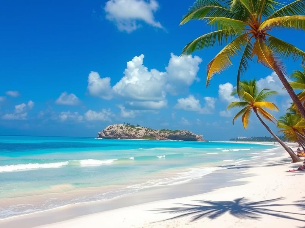 A sun-drenched tropical beach in Varadero, Cuba. Soft white sand stretches out under a clear azure sky, dotted with fluffy clouds. Gently lapping waves of turquoise blue caress the shore, creating a soothing rhythm. Palm trees sway in the warm breeze, their fronds casting delicate shadows on the sand. In the distance, a rocky promontory juts out into the ocean, its weathered cliffs contrasting with the smooth sand. Beachgoers lounge on colorful towels, taking in the serene, relaxing atmosphere of this picturesque coastal scene.