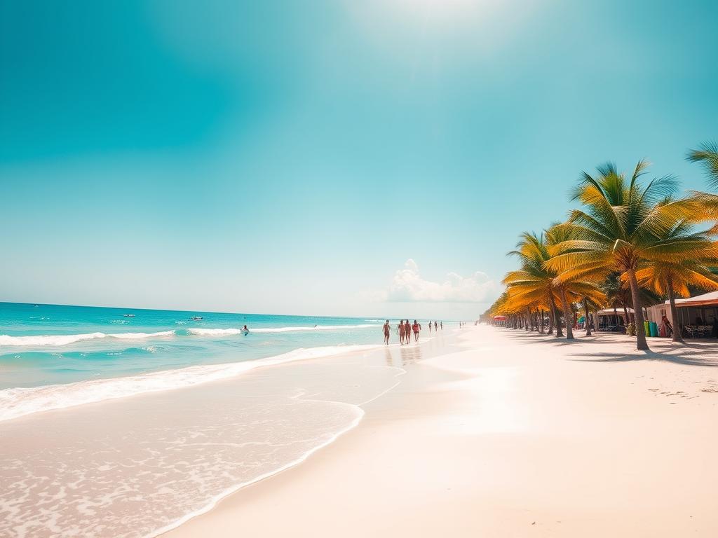 A sun-drenched tropical beach, the fine white sand of Varadero's famous strand stretching out to meet the crystal-clear turquoise waters of the Caribbean. Gentle waves lap at the shore, casting soft reflections on the wet sand. A warm breeze rustles the palm fronds lining the beachfront, their shadows dancing across the scene. In the distance, a few beachgoers stroll along the water's edge, their silhouettes creating a sense of scale and tranquility. Overhead, a cloudless azure sky glows with a warm, golden light, creating a serene and inviting atmosphere. This idyllic beach scene perfectly captures the allure and natural beauty of Varadero, the quintessential Caribbean paradise.