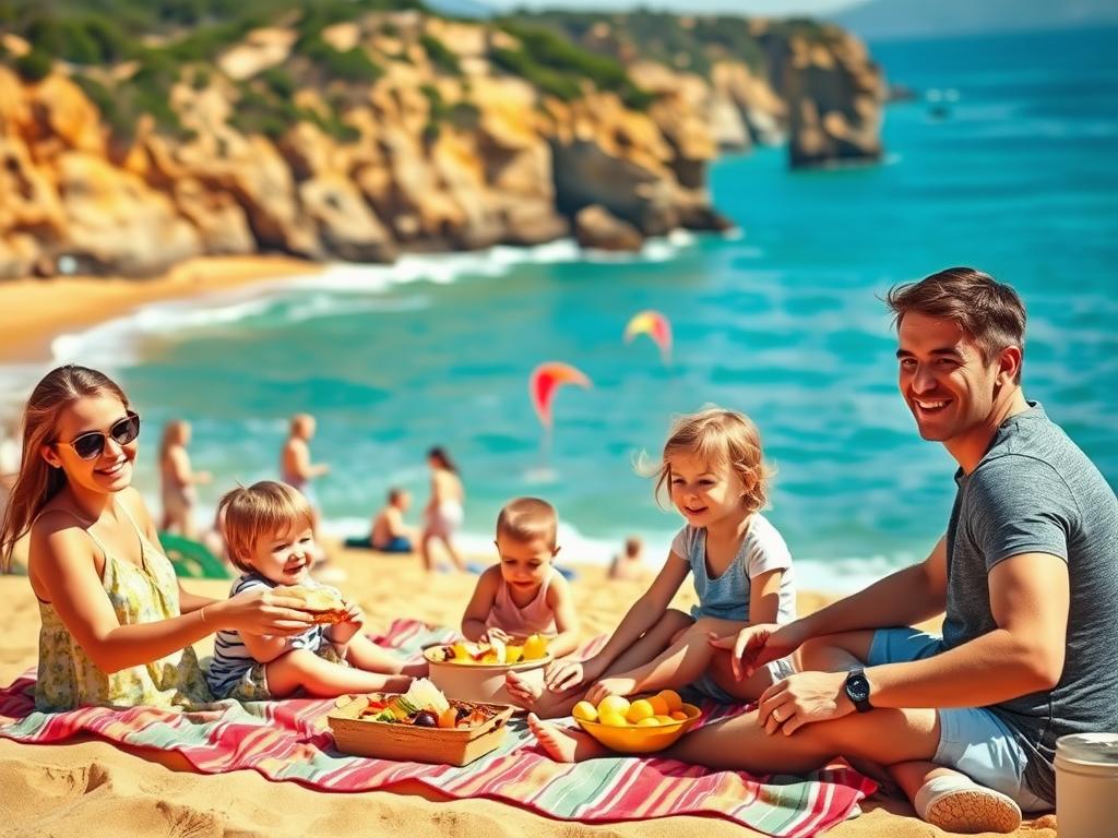 A sunny family picnic scene at a lush Algarve beach. In the foreground, a cheerful family of four sits on a colorful blanket, enjoying a hearty lunch. The mother hands a sandwich to a young child, while the father and an older sibling share a plate of fresh local fruit. In the middle ground, other families play in the soft golden sand, building sandcastles and flying kites. In the background, the azure Atlantic waves gently lap at the shore, backed by rugged cliffs dotted with verdant vegetation. The scene is bathed in warm, diffused natural light, conveying a serene, relaxed atmosphere perfect for a family-friendly outdoor adventure.
