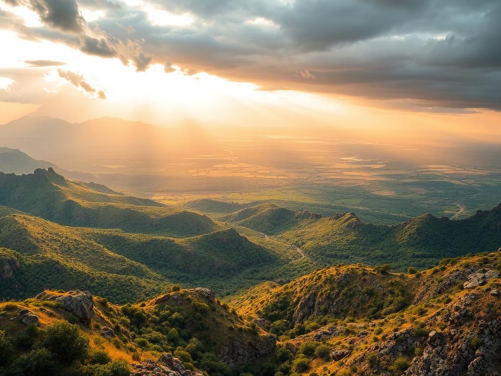A sweeping landscape of South Africa's diverse regions, captured in vivid detail. In the foreground, a rugged mountainous terrain dotted with indigenous flora - from the lush, rolling hills of the Garden Route to the arid, rocky outcroppings of the Karoo. The middle ground showcases the contrasting environments, with lush, verdant forests giving way to the sun-drenched savannas of the Kruger National Park. In the background, a dramatic sky filled with warm, golden light, casting a soft glow over the varied ecosystems. The scene conveys the remarkable regional differences that make South Africa such a captivating destination for safari adventures, each locale offering its own unique character and enchantment.