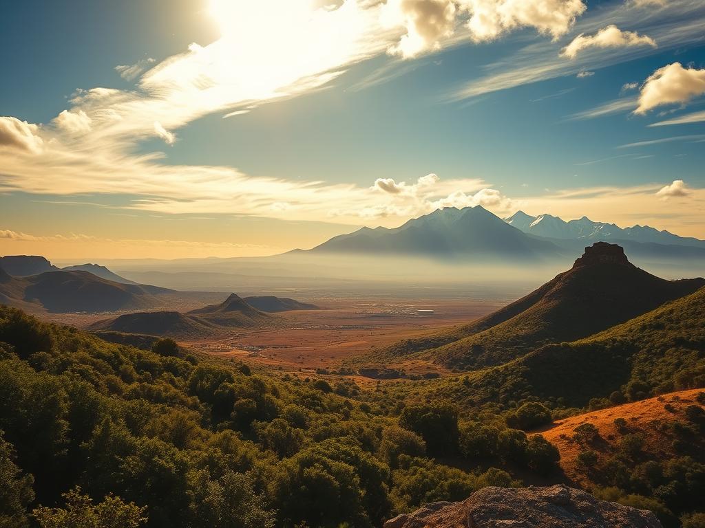 A sweeping landscape of the diverse climate and weather patterns in South Africa, captured under a vibrant, sun-dappled sky. In the foreground, lush, verdant vegetation and rolling hills evoke the tropical regions, while in the middle ground, arid, rocky outcroppings suggest the rugged, semi-desert areas. In the distance, snow-capped peaks tower, representing the alpine regions. The scene is illuminated by warm, golden light, casting long shadows and creating a sense of depth and dimension. The overall composition conveys the stark contrasts and remarkable variety of South Africa's weather and climate, from the lush, humid coasts to the wind-swept, snow-covered mountains.