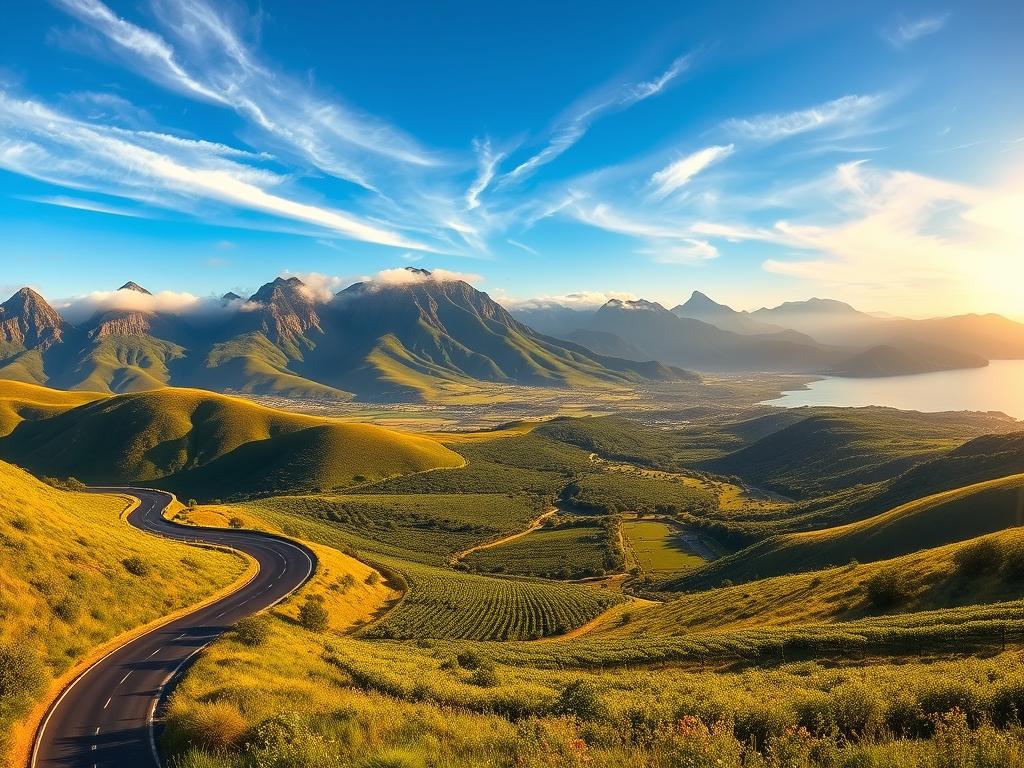 A sweeping panorama of the lush, rolling landscapes of the Garden Route in South Africa's Western Cape. The foreground features a winding road flanked by vibrant green hills and towering, rugged mountains in the distance, bathed in warm golden light. Wispy clouds drift across a brilliant azure sky. The middle ground showcases a patchwork of vineyards, olive groves, and wildflower meadows, leading the eye towards a glistening lake or river. The overall scene conveys a sense of serene, timeless beauty and natural splendor, perfectly capturing the essence of the region's renowned Panorama Route.