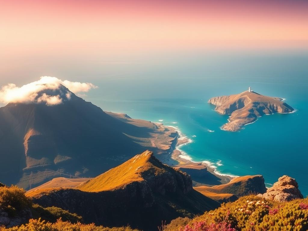 A sweeping panorama of the stunning Cape Peninsula in South Africa, showcasing its iconic natural wonders. In the foreground, the iconic Table Mountain rises majestically, its flat summit capped with a dusting of cloud. In the middle ground, the rugged coastline is dotted with dramatic cliffs and rocky outcroppings, framed by the azure waters of the Atlantic Ocean. In the distance, the iconic Cape of Good Hope stands tall, its lighthouse guiding ships through the treacherous waters. Lush, verdant fynbos vegetation clings to the slopes, adding pops of vibrant color to the scene. The lighting is warm and golden, casting a soft, ethereal glow over the entire landscape. Captured with a wide-angle lens to accentuate the sweeping vistas, this image perfectly encapsulates the natural beauty and grandeur of the Cape Peninsula, South Africa's must-see attraction.
