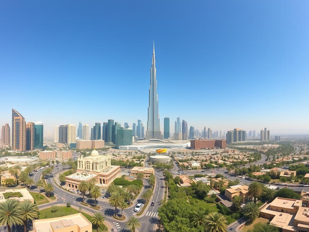 A sweeping panoramic view of the Riyadh skyline, with the iconic Kingdom Centre Tower rising prominently in the center, its distinctive spire piercing the clear blue sky. Surrounding the tower are a symphony of modern high-rises, their glass and steel facades glimmering in the warm desert sun. In the foreground, a bustling urban landscape unfolds, with winding streets, lush palm trees, and the occasional glimpse of traditional architecture adding character to the scene. The overall atmosphere conveys the dynamism and modernity of this thriving Saudi Arabian metropolis, a perfect representation of the country's rapid development and transformation.
