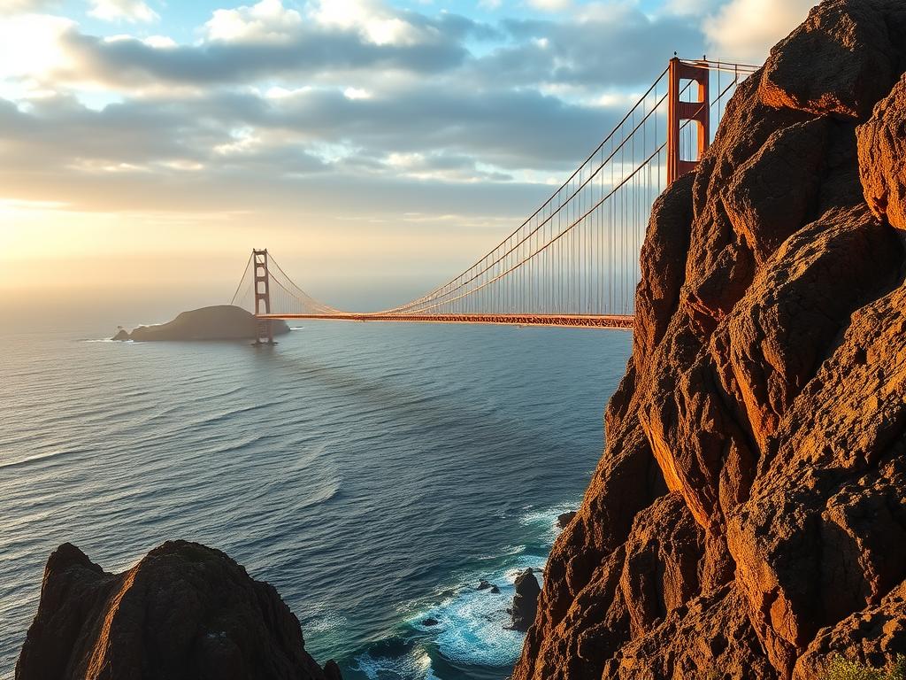 A sweeping suspension bridge spanning the vast expanse of the Atlantic Ocean, its elegant steel cables and graceful arches silhouetted against a dramatic sky. The bridge seems to float effortlessly, connecting distant shores and offering intrepid adventurers a thrilling path through the elements. Rugged cliffs and crashing waves frame the scene, creating a breathtaking and awe-inspiring vista. The bridge is bathed in warm, golden light that casts long shadows and highlights the bridge's intricate engineering. This spectacular feat of human ingenuity and natural beauty invites the viewer to embark on an unforgettable journey, exploring the wonders of a remote and captivating landscape.