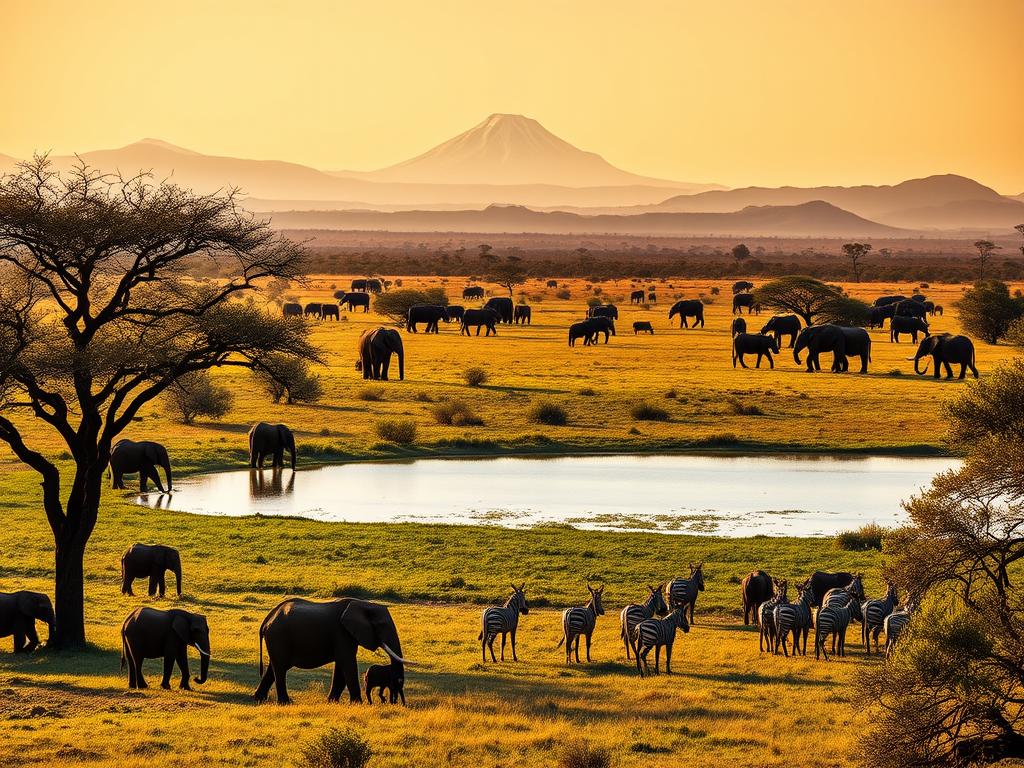A sweeping vista of the Amboseli National Park, Kenya, captured in warm, golden afternoon light. In the foreground, a herd of majestic African elephants grazes peacefully, their massive forms silhouetted against the distant snow-capped peak of Mount Kilimanjaro. Acacia trees dot the lush, verdant savanna, casting soft shadows across the landscape. In the middle ground, a crystal-clear watering hole reflects the sky, drawing in a diverse array of wildlife - zebras, wildebeests, and gazelles quench their thirst. The background is dominated by the dramatic, rolling hills of the park, hazy in the distance. The overall scene exudes a sense of tranquility and the timeless beauty of the African wilderness.