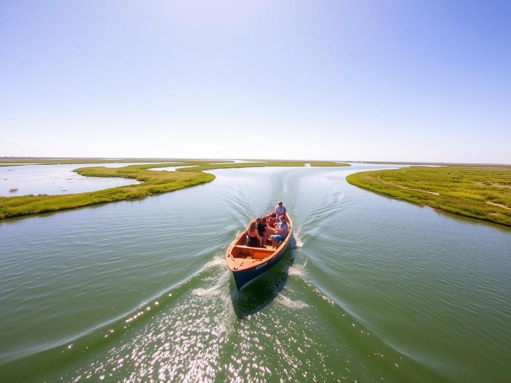 A tranquil boat tour through the serene Ria Formosa Naturpark, a stunning coastal lagoon system along the Algarve. Sunlight glimmers on the calm, emerald-green waters as a small wooden boat glides gracefully, carrying passengers on a leisurely journey through the park's winding channels. Verdant, lush wetlands line the banks, home to a diverse array of migratory birds and other wildlife. The warm, Mediterranean atmosphere is infused with the salty sea breeze, creating a profoundly peaceful and restorative experience for all who venture into this natural haven.