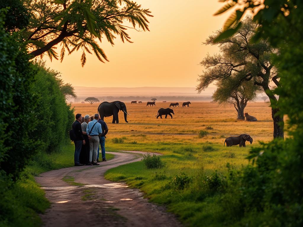 A tranquil safari landscape in Kenya, with a group of tourists observing wildlife in the distance. The foreground features a well-maintained dirt path winding through lush, verdant foliage. In the middle ground, a herd of elephants roams peacefully, their huge forms silhouetted against a warm, golden-hued sky. Farther back, a pride of lions rests in the shade of acacia trees, their tawny coats glistening. The composition is framed by a sense of calm and security, conveying the safe, immersive experience of a carefully curated Kenyan safari adventure.