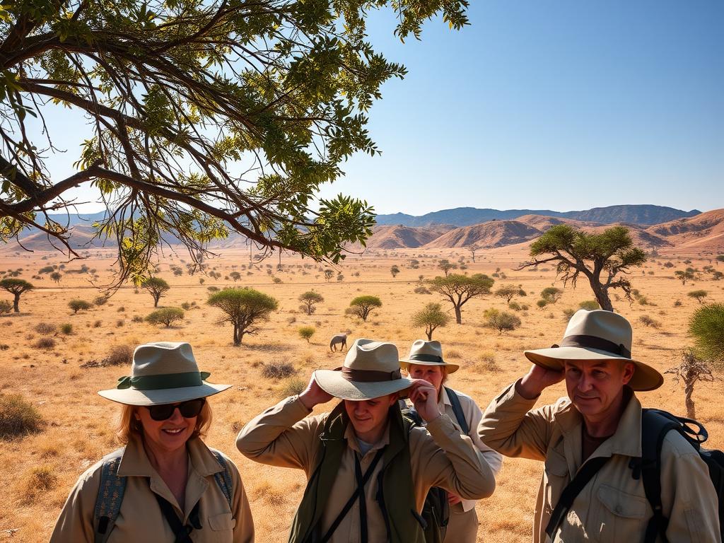 A tranquil savanna landscape with scattered acacia trees and rolling hills in the distance. In the foreground, a group of safari-clad explorers pause to adjust their gear, hats, and lightweight jackets, adapting to the warm, dry climate. Dappled sunlight filters through the leaves, casting a golden glow. The travelers appear comfortable and prepared, their expressions calm and focused as they make final preparations before continuing their trek. The scene conveys a sense of adventure, exploration, and harmony with the natural environment. A tranquil savanna landscape with scattered acacia trees and rolling hills in the distance. In the foreground, a group of safari-clad explorers pause to adjust their gear, hats, and lightweight jackets, adapting to the warm, dry climate. Dappled sunlight filters through the leaves, casting a golden glow. The travelers appear comfortable and prepared, their expressions calm and focused as they make final preparations before continuing their trek. The scene conveys a sense of adventure, exploration, and harmony with the natural environment.