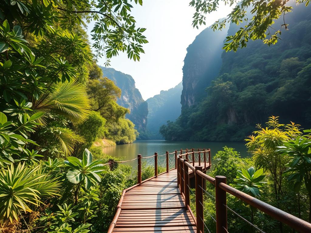 A tranquil scene of Taman Negara, Malaysia's ancient rainforest sanctuary. In the foreground, a wooden boardwalk winds through lush, verdant foliage, inviting visitors to explore. The middle ground reveals a serene river, its calm waters reflecting the surrounding tropical canopy. In the background, towering limestone cliffs rise majestically, creating a sense of natural wonder. Soft, diffused sunlight filters through the dense foliage, casting a warm, golden glow over the entire scene. The atmosphere is one of peaceful solitude, perfect for planning a relaxing, nature-immersive adventure. Detailed, photorealistic style with a focus on depth and realistic textures.