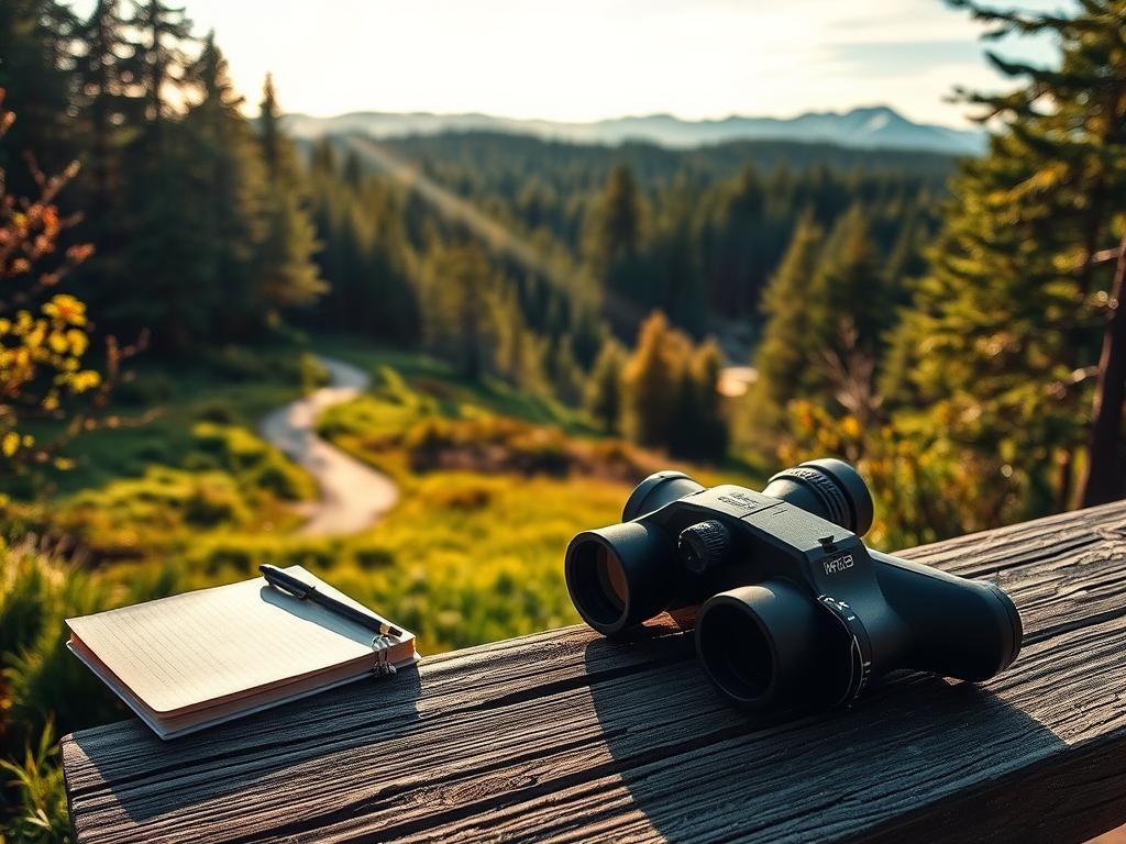A tranquil wildlife observation scene set against the changing seasons. In the foreground, a pair of binoculars and a field notebook rest on a weathered wooden bench, hinting at the presence of a keen observer. The middle ground features a lush, verdant landscape with a winding path leading into a dense forest. Shafts of warm, golden light filter through the canopy, casting a soft glow over the scene. In the distance, a hint of snow-capped mountains emerges, signaling the transition into winter. The overall atmosphere evokes a sense of quiet contemplation and the joy of connecting with the natural world through the changing cycles of the year.