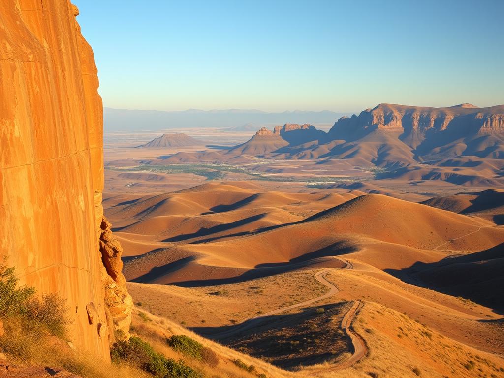 A vast, breathtaking landscape of the Golden Gate Highlands National Park in South Africa. In the foreground, a golden-hued sandstone cliff face towers majestically, its textured surface bathed in warm, golden light. Winding trails lead through the middle ground, flanked by rolling, grassy hills and scattered clumps of vibrant green vegetation. In the distance, a panoramic view unfolds, revealing a rugged, mountainous horizon tinged with hues of ochre and amber. The scene exudes a sense of tranquility and timelessness, inviting the viewer to immerse themselves in the natural splendor of this remarkable South African wilderness. A vast, breathtaking landscape of the Golden Gate Highlands National Park in South Africa. In the foreground, a golden-hued sandstone cliff face towers majestically, its textured surface bathed in warm, golden light. Winding trails lead through the middle ground, flanked by rolling, grassy hills and scattered clumps of vibrant green vegetation. In the distance, a panoramic view unfolds, revealing a rugged, mountainous horizon tinged with hues of ochre and amber. The scene exudes a sense of tranquility and timelessness, inviting the viewer to immerse themselves in the natural splendor of this remarkable South African wilderness.