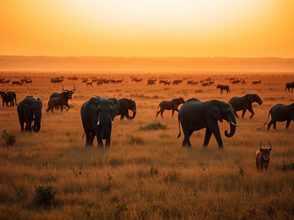 A vast, lush savanna teeming with life, captured through the lens of a high-quality DSLR camera. In the foreground, a herd of majestic elephants grazes peacefully, their powerful frames silhouetted against a warm, golden sunset. The middle ground reveals a pride of lions, their regal presence commanding the scene, while in the distance, a herd of graceful gazelles bounds across the horizon. The lighting is soft and diffused, creating a sense of depth and atmosphere. The composition is carefully balanced, with the animals arranged in a natural, harmonious manner, inviting the viewer to immerse themselves in the exclusive, luxury safari experience.