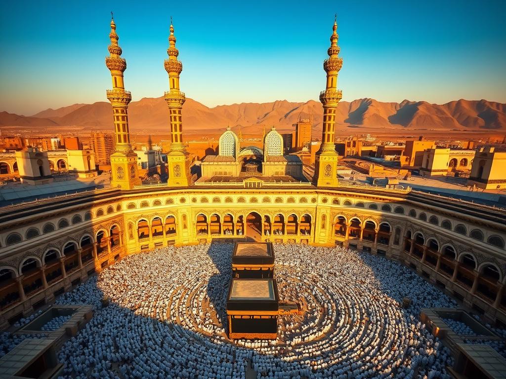 A vast, ornate domed mosque complex in the holy city of Mecca, Saudi Arabia. The iconic Kaaba, a sacred black cubic structure, stands in the center of the expansive courtyard, surrounded by rows of worshippers in white robes. Towering minarets pierce the sky, casting long shadows over the intricate archways and ornate calligraphy adorning the walls. The warm, golden light of the sun bathes the scene, creating a serene and reverent atmosphere. In the distance, the rolling hills of the Sirat Mountains provide a majestic backdrop to this revered Islamic pilgrimage site.