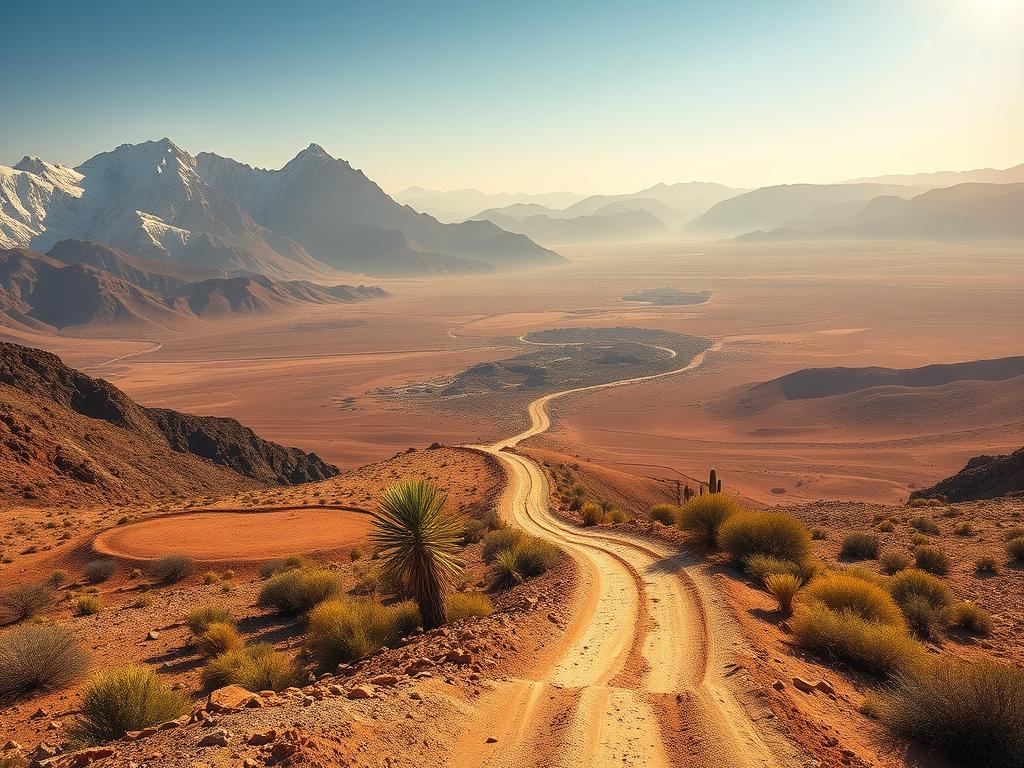 A vast, rugged landscape stretches out under a warm, golden light. In the foreground, towering, snow-capped peaks of the Hohen Atlas mountains rise majestically, their jagged edges casting long shadows across the undulating terrain. In the middle ground, a winding dirt road leads towards a distant oasis, surrounded by expansive, arid plains dotted with hardy shrubs and cacti. The horizon is hazy, the air thick with the subtle hues of a desert sunset, creating an atmosphere of adventure and exploration. This cinematic, wide-angle vista captures the essence of the rugged, untamed beauty that lies beyond the vibrant city of Marrakesh.
