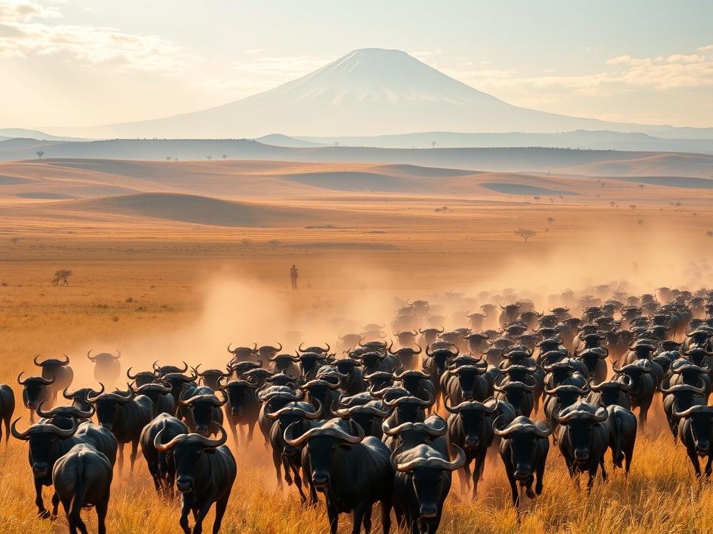 A vast savanna stretches across the horizon, golden grasses swaying in the gentle breeze. In the foreground, a massive herd of wildebeests, their distinctive black-and-white striped coats and curved horns a testament to their wild nature, surges forward in a coordinated migration. Dust swirls in the air, illuminated by soft, warm sunlight filtering through wispy clouds. The middle ground reveals undulating hills, dotted with acacia trees and the occasional silhouette of a lone Maasai warrior. In the distance, the iconic snow-capped peak of Mount Kilimanjaro looms, a majestic backdrop to this extraordinary natural spectacle. The scene evokes a sense of unbridled freedom and the raw power of the Serengeti ecosystem.