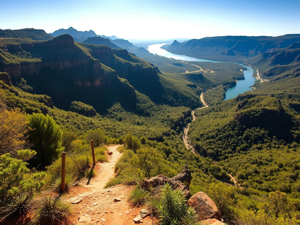 A vast, sun-dappled vista of the Blyde River Canyon, meandering paths winding through verdant foliage and rocky outcrops. In the foreground, a well-marked hiking trail leads the eye deeper into the lush, diverse landscape, inviting exploration. Towering cliffs and rugged mountains rise in the middle-ground, their jagged silhouettes casting dramatic shadows across the valley below. In the distance, the shimmering Blyde River winds its way through the canyon, its azure waters reflecting the brilliant blue sky overhead. Warm, golden sunlight filters through the canopy, illuminating the natural splendor of this remarkable South African destination, perfect for immersive, nature-focused experiences and hiking adventures. A vast, sun-dappled vista of the Blyde River Canyon, meandering paths winding through verdant foliage and rocky outcrops. In the foreground, a well-marked hiking trail leads the eye deeper into the lush, diverse landscape, inviting exploration. Towering cliffs and rugged mountains rise in the middle-ground, their jagged silhouettes casting dramatic shadows across the valley below. In the distance, the shimmering Blyde River winds its way through the canyon, its azure waters reflecting the brilliant blue sky overhead. Warm, golden sunlight filters through the canopy, illuminating the natural splendor of this remarkable South African destination, perfect for immersive, nature-focused experiences and hiking adventures.