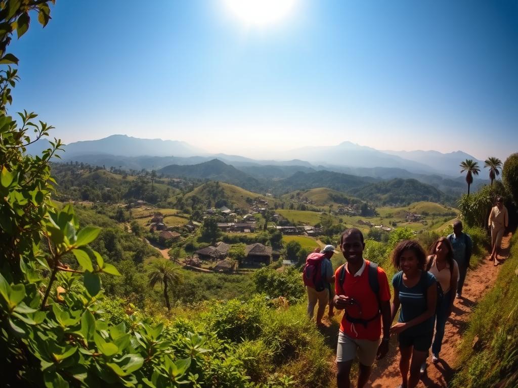 A vibrant African landscape, sunlight filtering through lush foliage. In the foreground, a group of travelers exploring a verdant trail, their faces alight with curiosity. In the middle ground, a traditional village nestled amidst rolling hills, thatched-roof huts and people going about their daily lives. In the distance, the silhouette of majestic mountains, their peaks shrouded in a hazy mist. The overall scene radiates a sense of cultural richness, adventure, and the wonder of discovering a new and enchanting land. Captured with a wide-angle lens, the image conveys a panoramic, immersive perspective, inviting the viewer to step into this captivating African journey. A vibrant African landscape, sunlight filtering through lush foliage. In the foreground, a group of travelers exploring a verdant trail, their faces alight with curiosity. In the middle ground, a traditional village nestled amidst rolling hills, thatched-roof huts and people going about their daily lives. In the distance, the silhouette of majestic mountains, their peaks shrouded in a hazy mist. The overall scene radiates a sense of cultural richness, adventure, and the wonder of discovering a new and enchanting land. Captured with a wide-angle lens, the image conveys a panoramic, immersive perspective, inviting the viewer to step into this captivating African journey.
