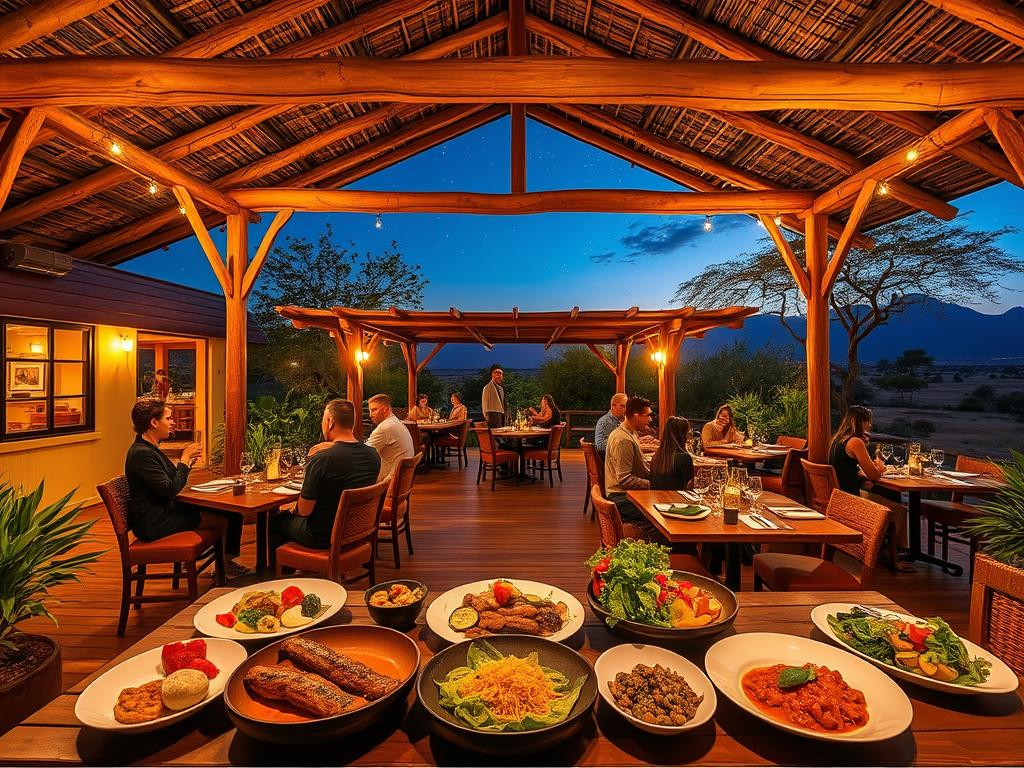 A vibrant and inviting open-air restaurant nestled amidst the serene Namibian landscape, with a central wooden pergola framing the scene. Warm lighting casts a cozy glow, while lush greenery and natural wood accents create an earthy, rustic ambiance. Guests are seated at elegant wooden tables, savoring a selection of mouthwatering local and international culinary delights. The foreground showcases a variety of tempting dishes, while the middle ground features the restaurant's welcoming staff. In the background, the iconic Etosha National Park landscape unfolds, with majestic mountains and a vast, star-filled sky. This image captures the captivating gastronomic and cultural experience of the Mokuti Etosha Lodge.