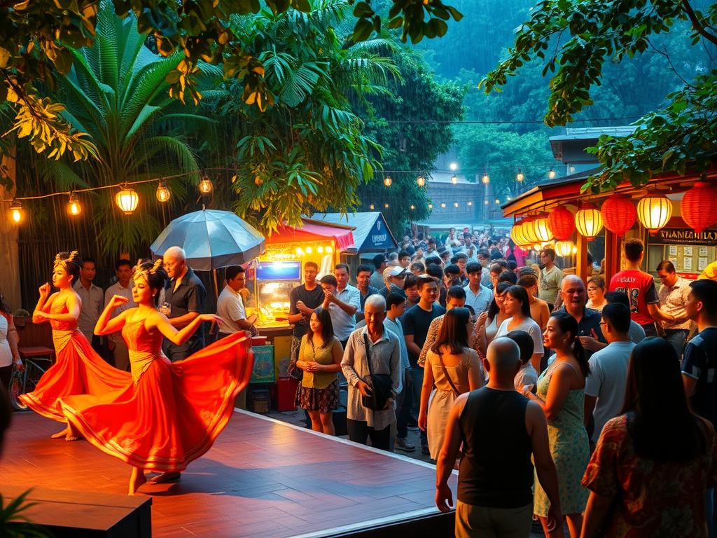 A vibrant, colorful scene of a lively cultural event in Thailand during the rainy season. In the foreground, a group of traditional Thai dancers perform on an outdoor stage, their flowing costumes and intricate movements capturing the essence of the country's rich heritage. In the middle ground, a bustling crowd of locals and tourists mingle, enjoying street food vendors, artisan stalls, and live music. The background is framed by lush, verdant foliage, with the soft glow of lanterns and the gentle patter of rain creating a warm, atmospheric ambiance. Warm, diffused lighting casts a magical, ethereal quality over the entire scene, evoking the magical spirit of Thailand's rainy season celebrations.