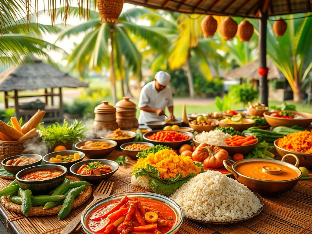 A vibrant display of Balinese culinary artistry, showcasing an array of aromatic and colorful dishes. In the foreground, a lavish feast laid out on woven palm leaf mats, with steaming curries, fragrant rice dishes, and an assortment of fresh, vibrant vegetables. The middle ground features a skilled Balinese chef expertly preparing ingredients, surrounded by an abundance of local produce and spices. In the background, a lush, tropical setting with swaying palm trees and a glimpse of a traditional Balinese village, evoking a sense of cultural authenticity. Warm, diffused lighting accentuates the vibrant hues and textures, creating a captivating and inviting atmosphere that celebrates the rich culinary heritage of Bali.