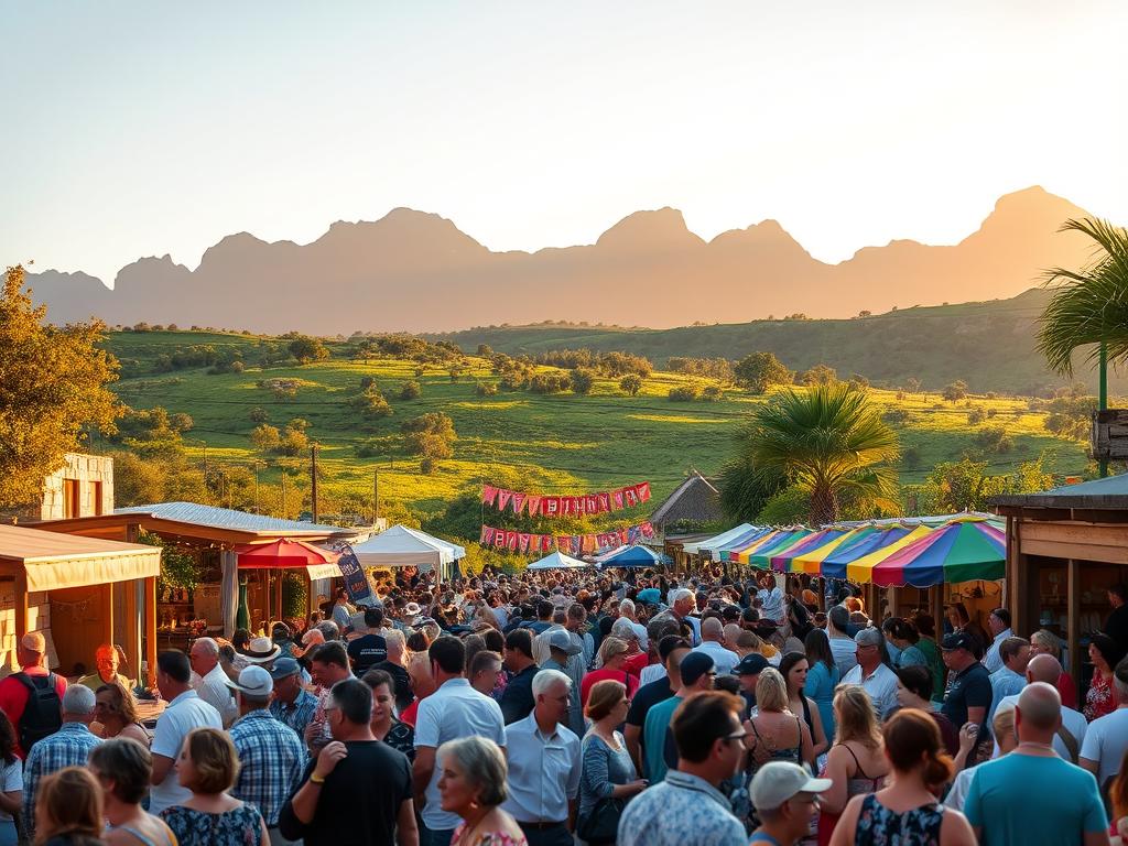 A vibrant outdoor event along the picturesque Garden Route of South Africa. In the foreground, a crowd of people enjoying various activities - food stalls, live music, artisanal crafts. The middle ground features a lush, verdant landscape with towering mountains in the distance, bathed in warm, golden afternoon light. Wooden structures, festive banners, and colorful umbrellas add to the celebratory atmosphere. The scene conveys a sense of community, local culture, and the natural beauty that defines the iconic Garden Route.