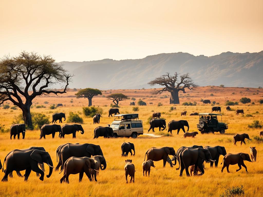 A vibrant safari scene capturing the essence of Tarangire National Park's diverse wildlife and activities. In the foreground, a herd of majestic elephants roams through the lush, golden grasslands, their huge bodies casting long shadows. In the middle ground, a group of safari vehicles observes a pride of lions resting under the shade of acacia trees, their tawny coats shimmering in the warm, soft light. In the background, the iconic, iconic baobab trees dot the rugged, undulating landscape, their twisted, gnarled trunks silhouetted against a dramatic, cloudless sky. The scene exudes a sense of adventure, wonder, and the timeless rhythm of nature, perfectly capturing the essence of a Tarangire safari experience.