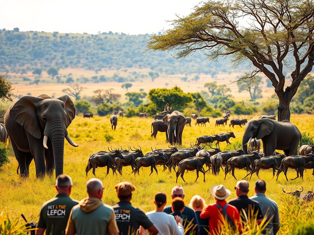 A vibrant safari scene in the heart of Kenya's untamed wilderness. In the foreground, a group of safari-goers captivated by the majestic presence of a family of elephants, their trunks gently swaying. In the middle ground, a herd of wildebeests grazing peacefully, their sporadic movements mirroring the rhythm of the savanna. The background is a tapestry of lush, verdant grasslands and towering acacia trees, bathed in the warm, golden glow of the African sun. The composition evokes a sense of adventure, wonder, and the raw, untamed beauty of the Kenyan safari experience.
