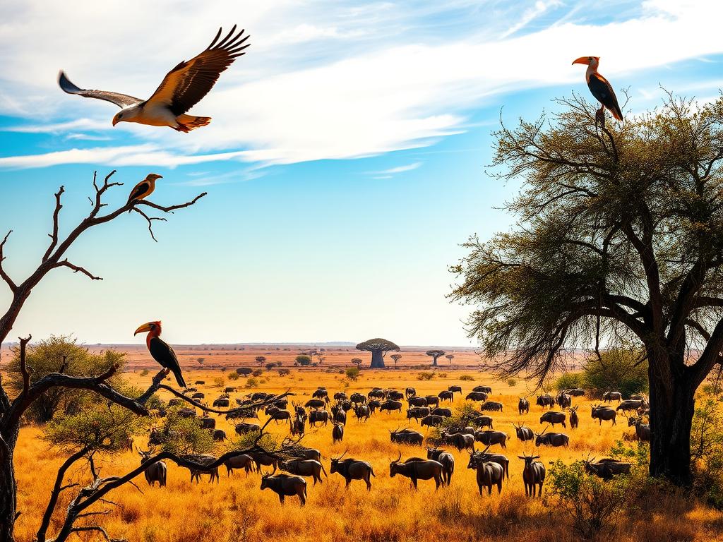 A vibrant savanna landscape, bathed in warm, golden light. In the foreground, a diverse array of bird species native to the region - majestic eagles, graceful storks, and brightly colored hornbills perched on the branches of acacia trees. The middle ground features a herd of gazelles and wildebeests grazing peacefully, while in the distance, the iconic silhouettes of baobab trees dot the horizon under a vast, azure sky. The scene conveys a sense of serene harmony, capturing the rich biodiversity and wild beauty of the Serengeti ecosystem.