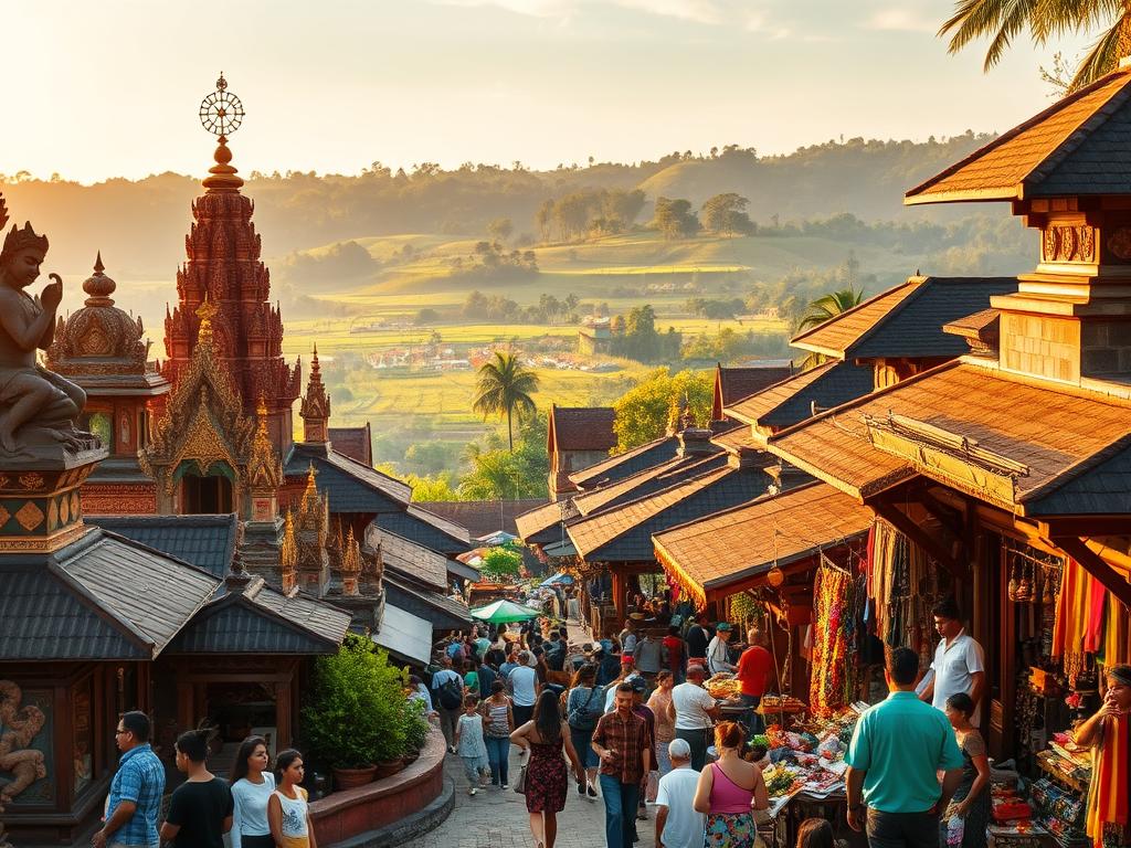 A vibrant scene of Ubud's cultural highlights, bathed in warm golden light. In the foreground, intricate Hindu temples and shrines stand tall, their ornate architecture and vibrant colors capturing the essence of Balinese spirituality. In the middle ground, a bustling marketplace teems with locals and visitors browsing handcrafted goods, from colorful textiles to carved wooden figurines. In the background, lush green hills and rice paddies stretch out, creating a serene and picturesque backdrop. The scene is infused with a sense of timelessness, blending the ancient and the modern, inviting the viewer to immerse themselves in the rich cultural tapestry of Ubud.