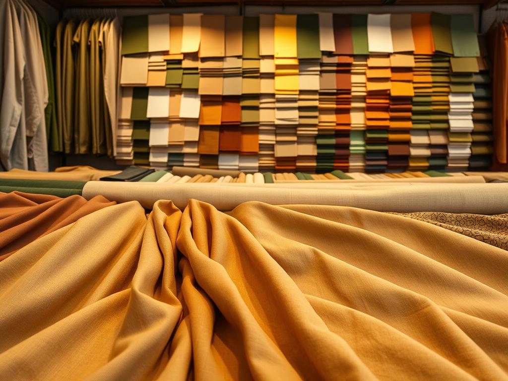 A vibrant textile selection for safari attire. In the foreground, an array of rich, earthy fabrics in shades of khaki, olive, and ochre, with subtle patterns evoking the savanna. In the middle ground, bolt after bolt of premium cotton and linen, their textures and weaves hinting at breathable comfort in the African heat. The background features a wall of curated color swatches, a spectrum of greens, tans, and warm neutrals that capture the essence of the safari aesthetic. Soft, indirect lighting illuminates the scene, casting a natural glow and highlighting the quality and craftsmanship of the textiles. This image conveys the thoughtful curation of safari-appropriate clothing, a crucial element in packing for an unforgettable adventure. A vibrant textile selection for safari attire. In the foreground, an array of rich, earthy fabrics in shades of khaki, olive, and ochre, with subtle patterns evoking the savanna. In the middle ground, bolt after bolt of premium cotton and linen, their textures and weaves hinting at breathable comfort in the African heat. The background features a wall of curated color swatches, a spectrum of greens, tans, and warm neutrals that capture the essence of the safari aesthetic. Soft, indirect lighting illuminates the scene, casting a natural glow and highlighting the quality and craftsmanship of the textiles. This image conveys the thoughtful curation of safari-appropriate clothing, a crucial element in packing for an unforgettable adventure.