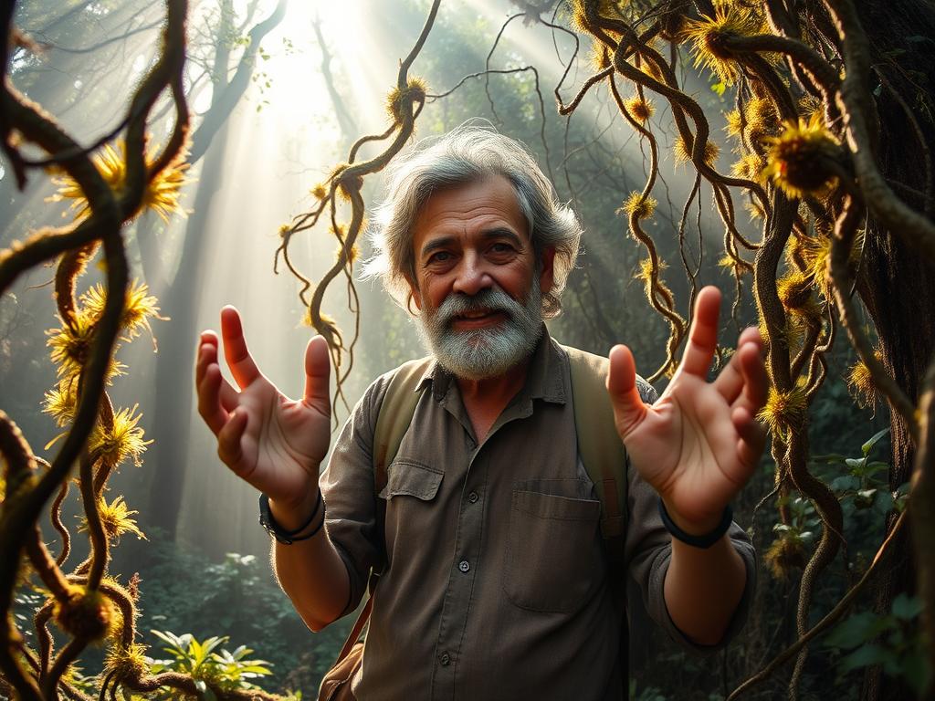 A warm-eyed, gray-haired tour guide stands amidst the mystical Nebelwald (fog forest) of Monteverde, Costa Rica. Adorned in earthy tones, they gesture animatedly, sharing the secrets of this enchanted ecosystem. Sunlight filters through the canopy, casting a soft, ethereal glow. Twisting vines and mossy branches frame the scene, creating a sense of timeless wonder. The guide's weathered face exudes a deep connection to the land, inviting visitors to immerse themselves in the magic of this hidden gem. A wide-angle lens captures the grandeur of the Nebelwald, showcasing its verdant splendor and the guide's role as a passionate steward of this natural wonder. A warm-eyed, gray-haired tour guide stands amidst the mystical Nebelwald (fog forest) of Monteverde, Costa Rica. Adorned in earthy tones, they gesture animatedly, sharing the secrets of this enchanted ecosystem. Sunlight filters through the canopy, casting a soft, ethereal glow. Twisting vines and mossy branches frame the scene, creating a sense of timeless wonder. The guide's weathered face exudes a deep connection to the land, inviting visitors to immerse themselves in the magic of this hidden gem. A wide-angle lens captures the grandeur of the Nebelwald, showcasing its verdant splendor and the guide's role as a passionate steward of this natural wonder.