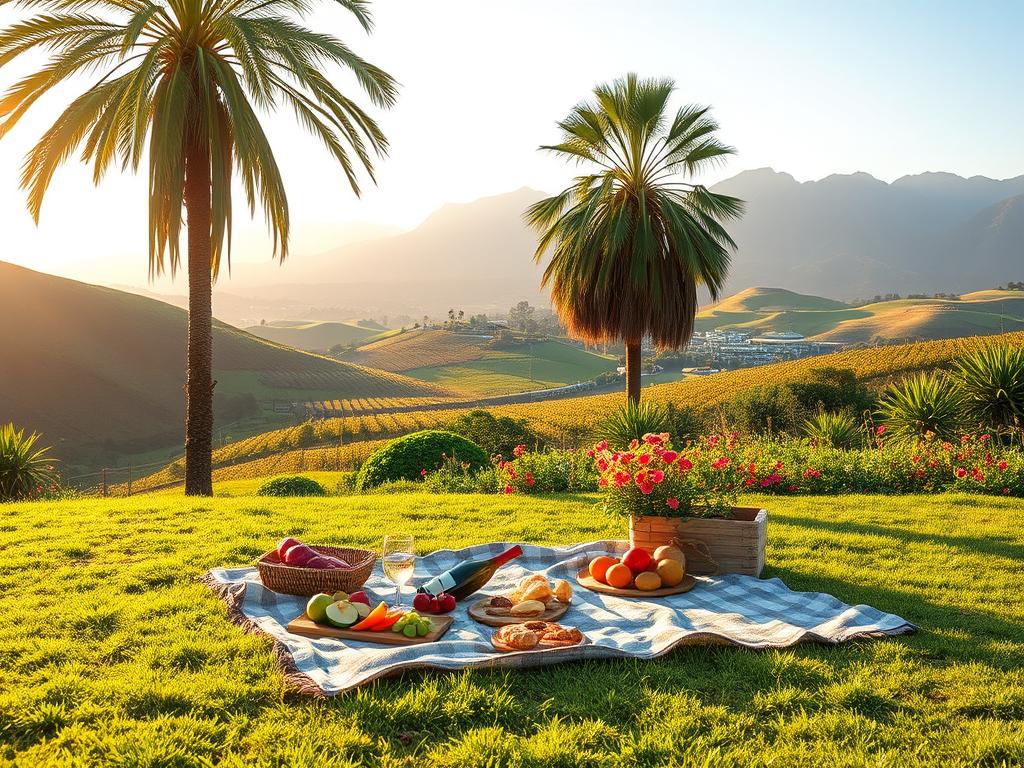 A warm summer day in the lush, verdant Garden Route of South Africa. In the foreground, a charming outdoor picnic scene unfolds, with a cozy blanket spread out on the grass, surrounded by a variety of fresh, locally-sourced treats and a chilled bottle of wine. Tall, swaying palm trees and vibrant flowering plants create a serene, tropical ambiance in the middle ground. In the background, rolling hills dotted with vineyard-covered slopes and the distant silhouette of majestic mountains, bathed in golden afternoon light. The overall atmosphere is one of relaxation, indulgence, and the pure enjoyment of the region's natural beauty during the peak of the summer season.