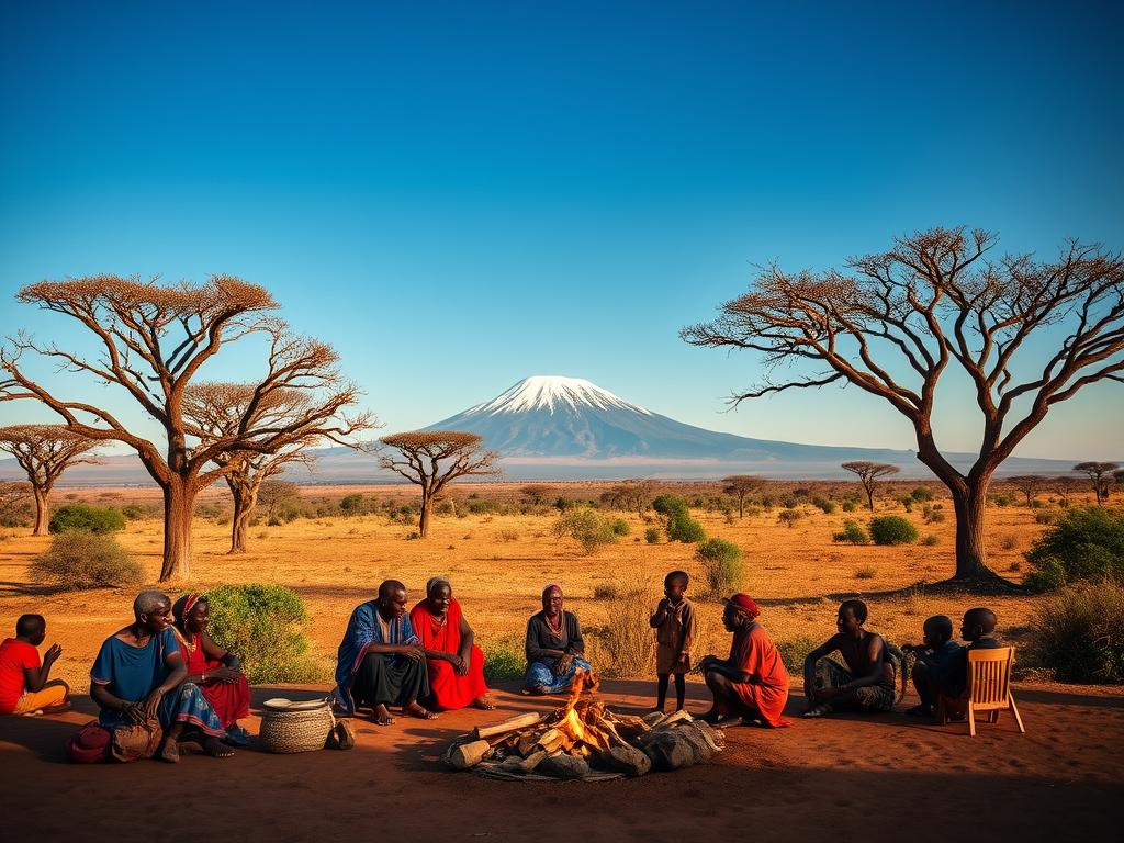 Amboseli Nationalpark, Kenya: a lush oasis nestled beneath the snow-capped peak of Mount Kilimanjaro. In the foreground, a Maasai village comes to life, its vibrant red and blue fabrics contrasting against the earthy tones of the landscape. Elders sit around a fire, sharing stories and traditions passed down through generations. In the middle ground, children play traditional games, their laughter echoing through the savanna. The background is dominated by the iconic silhouettes of acacia trees, their branches reaching towards the endless, azure sky. Soft, diffused lighting illuminates the scene, capturing the warmth and cultural richness of this extraordinary place. A wide-angle lens showcases the stunning vistas, inviting the viewer to immerse themselves in the timeless wonder of Amboseli National Park.