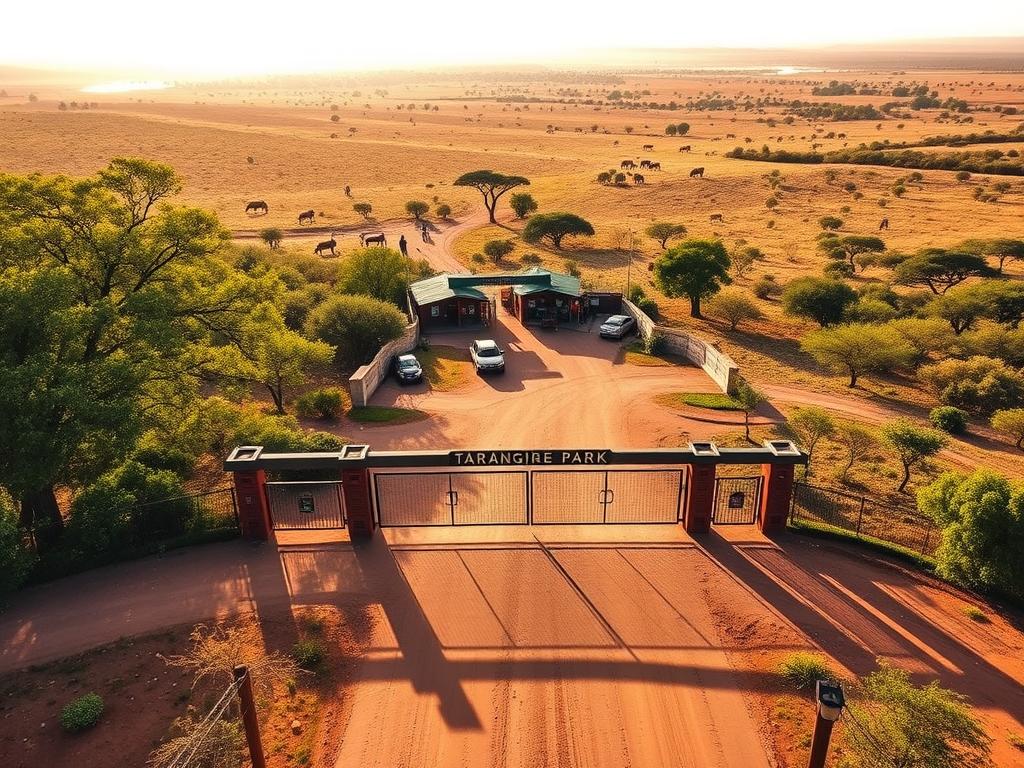 An aerial view of the Tarangire National Park entrance, showcasing the well-maintained dirt road leading into the park. The foreground features a sturdy, modern gate adorned with the park's signage, surrounded by lush greenery and towering acacia trees. The middle ground depicts a series of rustic but functional buildings, likely park ranger stations and visitor facilities, nestled among the rolling hills. In the background, the iconic African savanna landscape stretches out, dotted with clusters of trees and the silhouettes of grazing wildlife. The scene is bathed in warm, golden sunlight, creating a welcoming and adventure-filled atmosphere, reflecting the park's accessibility and infrastructure.