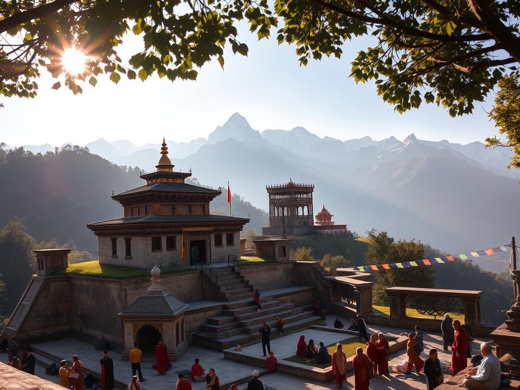 An ancient Buddhist monastery perched atop a verdant hill, with prayer flags fluttering in the gentle breeze. Intricate stone carvings and ornate architecture blend seamlessly with the surrounding natural beauty. Pilgrims and devotees gather in the serene courtyard, engaging in quiet meditation and ritual practices. Warm sunlight filters through the canopy of trees, casting a soft, spiritual glow across the scene. In the distance, the snow-capped peaks of the Himalayas rise majestically, creating a breathtaking backdrop for this sacred place of contemplation and enlightenment. An ancient Buddhist monastery perched atop a verdant hill, with prayer flags fluttering in the gentle breeze. Intricate stone carvings and ornate architecture blend seamlessly with the surrounding natural beauty. Pilgrims and devotees gather in the serene courtyard, engaging in quiet meditation and ritual practices. Warm sunlight filters through the canopy of trees, casting a soft, spiritual glow across the scene. In the distance, the snow-capped peaks of the Himalayas rise majestically, creating a breathtaking backdrop for this sacred place of contemplation and enlightenment.
