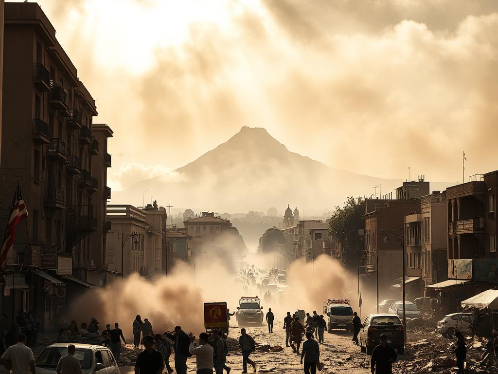 An earthquake shaking the city of Mendoza, Argentina. In the foreground, crumbling buildings and debris litter the streets as panicked residents flee. Billowing clouds of dust obscure the scene, casting an ominous, sepia-toned atmosphere. In the middle ground, emergency vehicles and rescue workers scramble to aid the injured. The iconic Cerro de la Gloria mountain looms in the background, its usually serene outline distorted by the trembling earth. Shafts of light pierce the hazy sky, creating a sense of chaos and urgency. Capture the raw power and devastating impact of this natural disaster unfolding in the heart of Mendoza.