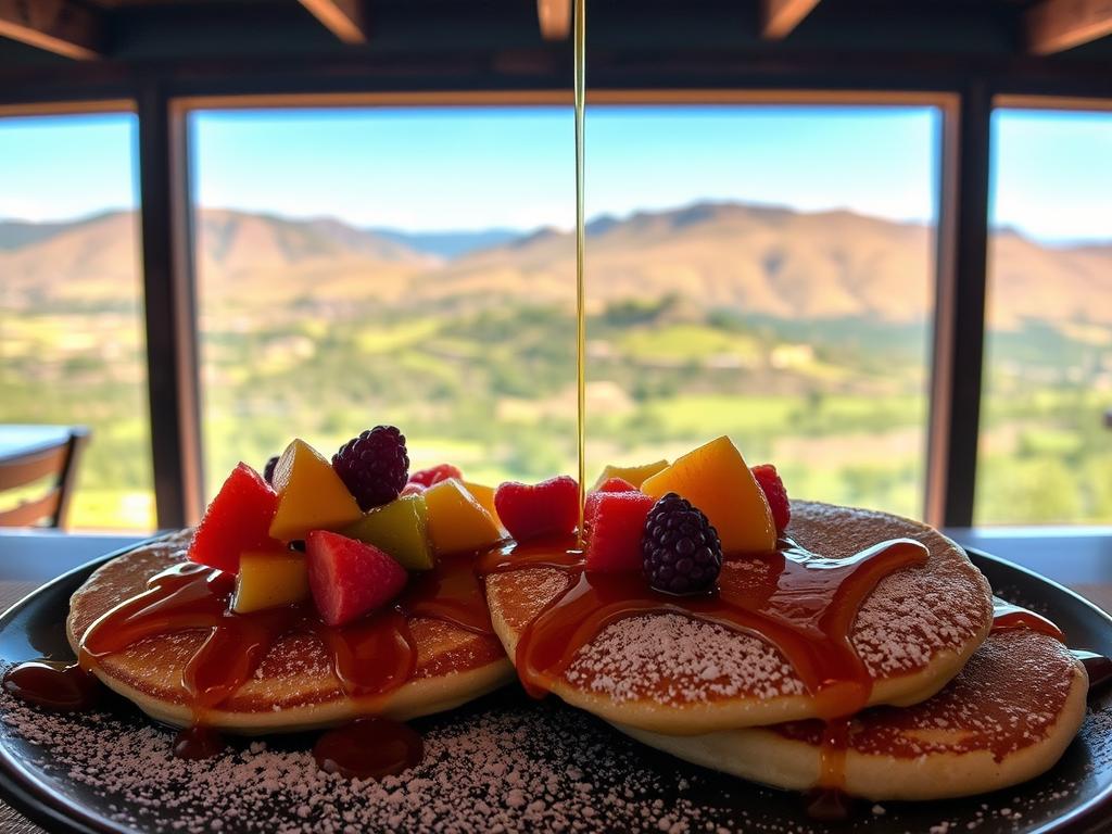 An enticing display of Harries Pancakes Graskop, a renowned culinary specialty in the heart of South Africa's Panorama Route. Delectable golden-brown pancakes, topped with a mouthwatering selection of fresh local fruits, drizzled with rich, fragrant honey, and dusted with a light sprinkling of powdered sugar. The scene is framed by a cozy, rustic wooden interior, with warm lighting casting a welcoming glow. In the background, a panoramic window offers a breathtaking view of the surrounding lush, rolling hills, creating a harmonious blend of the culinary delight and the region's stunning natural beauty. An enticing display of Harries Pancakes Graskop, a renowned culinary specialty in the heart of South Africa's Panorama Route. Delectable golden-brown pancakes, topped with a mouthwatering selection of fresh local fruits, drizzled with rich, fragrant honey, and dusted with a light sprinkling of powdered sugar. The scene is framed by a cozy, rustic wooden interior, with warm lighting casting a welcoming glow. In the background, a panoramic window offers a breathtaking view of the surrounding lush, rolling hills, creating a harmonious blend of the culinary delight and the region's stunning natural beauty.