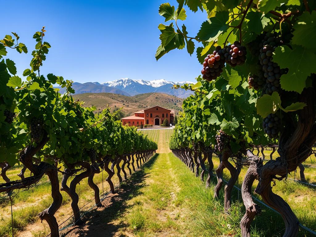 An expansive vineyard nestled in the rolling foothills of the Andes, sunlight dappling the lush, verdant canopy. In the foreground, rows of gnarled grapevines, their twisted trunks and burgeoning clusters of ripe, plump grapes a testament to the region's ideal terroir. The middle ground reveals a traditional adobe winery, its ochre facade weathered by time, a picturesque reminder of Mendoza's centuries-old winemaking heritage. Framing the scene, the majestic Andes rise in the distance, their snow-capped peaks glinting under a crisp, azure sky. Capture the essence of Mendoza's renowned viticulture, a harmonious blend of natural beauty and time-honored craftsmanship.