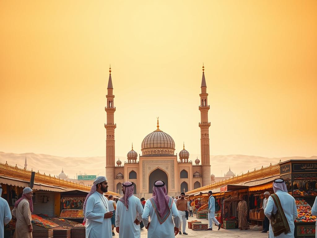 An ornate, domed mosque stands tall against a sweeping desert landscape, its intricate architecture and warm golden hues reflecting the rich cultural heritage of Saudi Arabia. In the foreground, a group of men in traditional robes engage in lively conversation, their gestures and facial expressions conveying a sense of vibrant, timeless tradition. In the middle ground, a bustling marketplace teems with activity, vendors selling exotic spices, ornate textiles, and gleaming metalwork that showcase the country's artisanal legacy. The sky is tinted with a soft, golden glow, creating a serene, timeless atmosphere that imbues the scene with a sense of timeless splendor. The overall composition captures the alluring fusion of Saudi Arabia's ancient cultural riches and its enduring modern vitality.
