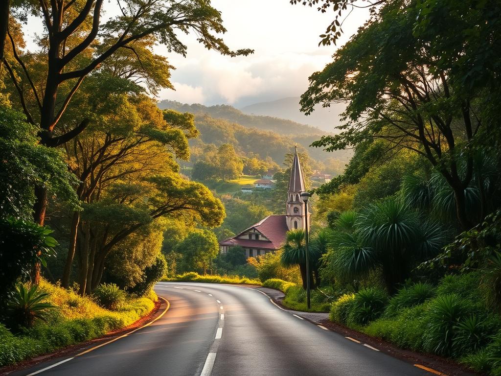 Anreise Monteverde Costa Rica: A winding mountain road leads to a lush, verdant landscape. Towering trees and vibrant foliage frame the scene, casting warm, golden light across the rolling hills. In the distance, a quaint village nestled amongst the clouds comes into view, its colorful rooftops and church steeple a welcoming sight. The image is captured with a wide-angle lens, highlighting the stunning vistas and the serene, tranquil atmosphere of this picturesque destination. The overall mood evokes a sense of adventure and the promise of a rejuvenating getaway amidst the natural beauty of Costa Rica. Anreise Monteverde Costa Rica: A winding mountain road leads to a lush, verdant landscape. Towering trees and vibrant foliage frame the scene, casting warm, golden light across the rolling hills. In the distance, a quaint village nestled amongst the clouds comes into view, its colorful rooftops and church steeple a welcoming sight. The image is captured with a wide-angle lens, highlighting the stunning vistas and the serene, tranquil atmosphere of this picturesque destination. The overall mood evokes a sense of adventure and the promise of a rejuvenating getaway amidst the natural beauty of Costa Rica.