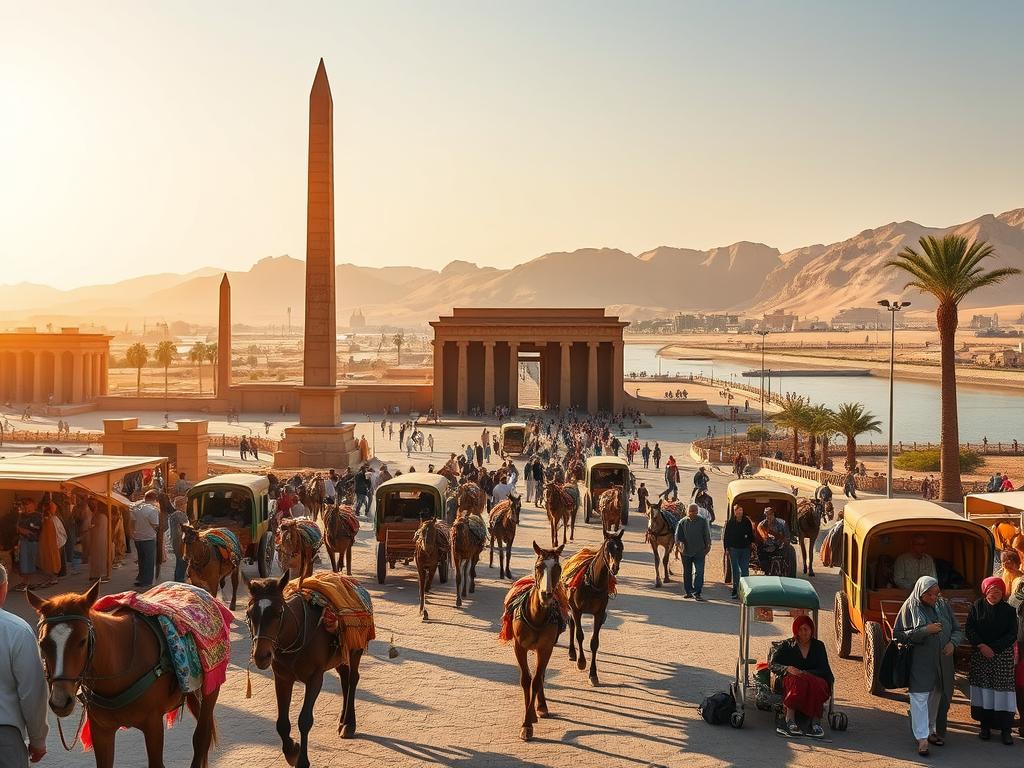 Anreise und Mobilität in Luxor: A bustling street scene in the ancient city, with donkeys, horse-drawn carriages, and people navigating the busy roads. In the foreground, vendors sell local wares, their vibrant fabrics and trinkets adding pops of color. The middle ground features the iconic architecture of Luxor, including towering obelisks and the grand entrance to the Karnak Temple Complex. In the background, the Nile River winds its way through the landscape, its serene waters contrasting with the lively activity on the streets. Warm, golden sunlight casts a glow over the entire scene, creating a sense of timelessness and cultural immersion. Anreise und Mobilität in Luxor: A bustling street scene in the ancient city, with donkeys, horse-drawn carriages, and people navigating the busy roads. In the foreground, vendors sell local wares, their vibrant fabrics and trinkets adding pops of color. The middle ground features the iconic architecture of Luxor, including towering obelisks and the grand entrance to the Karnak Temple Complex. In the background, the Nile River winds its way through the landscape, its serene waters contrasting with the lively activity on the streets. Warm, golden sunlight casts a glow over the entire scene, creating a sense of timelessness and cultural immersion.
