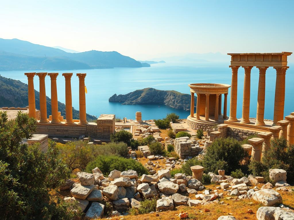 Antique ruins and historic sites of the Aegean: A dramatic landscape of crumbling columns, weathered temples, and sun-drenched stone, framed against a backdrop of rugged cliffs, azure waters, and distant islands. Capture the timeless majesty of these ancient ruins, illuminated by golden natural light that casts long shadows across the time-worn facades. Compose the scene with a sense of depth, drawing the viewer's eye through the foreground of scattered rubble and overgrown foliage, into the middle ground of towering edifices, and finally to the hazy, atmospheric horizon. Imbue the image with a mood of reverence and wonder, inviting the viewer to step back in time and experience the enduring legacy of Aegean civilization.