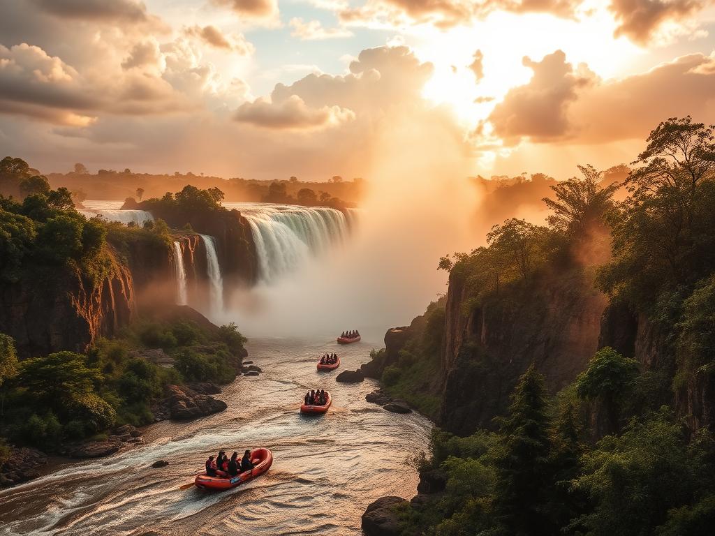 Awe-inspiring Victoria Falls cascading over rugged cliffs, surrounded by lush, verdant rainforest. In the foreground, adventurous travelers rafting down the churning Zambezi River, their boats navigating the thrilling Class V rapids. Overhead, a dramatic cloudy sky illuminated by warm, golden sunlight, casting a serene, ethereal glow over the entire scene. In the middle ground, ziplines and bungee jumps offering daring aerial views of the majestic waterfall. The overall composition evokes a sense of boundless adventure and natural wonder, capturing the essence of Zimbabwe's legendary Abenteuer Aktivitäten Victoriafälle. Awe-inspiring Victoria Falls cascading over rugged cliffs, surrounded by lush, verdant rainforest. In the foreground, adventurous travelers rafting down the churning Zambezi River, their boats navigating the thrilling Class V rapids. Overhead, a dramatic cloudy sky illuminated by warm, golden sunlight, casting a serene, ethereal glow over the entire scene. In the middle ground, ziplines and bungee jumps offering daring aerial views of the majestic waterfall. The overall composition evokes a sense of boundless adventure and natural wonder, capturing the essence of Zimbabwe's legendary Abenteuer Aktivitäten Victoriafälle.