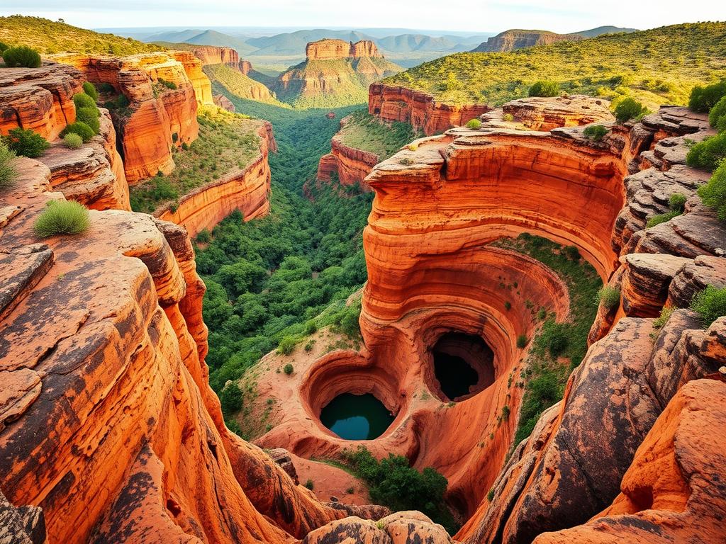 Bourke's Luck Potholes, a mesmerizing geological formation nestled in the heart of South Africa's Panorama Route. Capture the dramatic, swirling potholes carved by centuries of erosion, their vibrant hues of ochre and russet contrasting against the lush, verdant canyon walls. Depict the intricate patterns and textures of the rock formations, with soft, diffused lighting casting warm shadows across the scene. Showcase the sheer scale and grandeur of this natural wonder, framing the potholes within a sweeping, panoramic vista that showcases the region's breathtaking beauty. Imbue the image with a sense of tranquility and wonder, inviting the viewer to immerse themselves in the captivating landscape. Bourke's Luck Potholes, a mesmerizing geological formation nestled in the heart of South Africa's Panorama Route. Capture the dramatic, swirling potholes carved by centuries of erosion, their vibrant hues of ochre and russet contrasting against the lush, verdant canyon walls. Depict the intricate patterns and textures of the rock formations, with soft, diffused lighting casting warm shadows across the scene. Showcase the sheer scale and grandeur of this natural wonder, framing the potholes within a sweeping, panoramic vista that showcases the region's breathtaking beauty. Imbue the image with a sense of tranquility and wonder, inviting the viewer to immerse themselves in the captivating landscape.