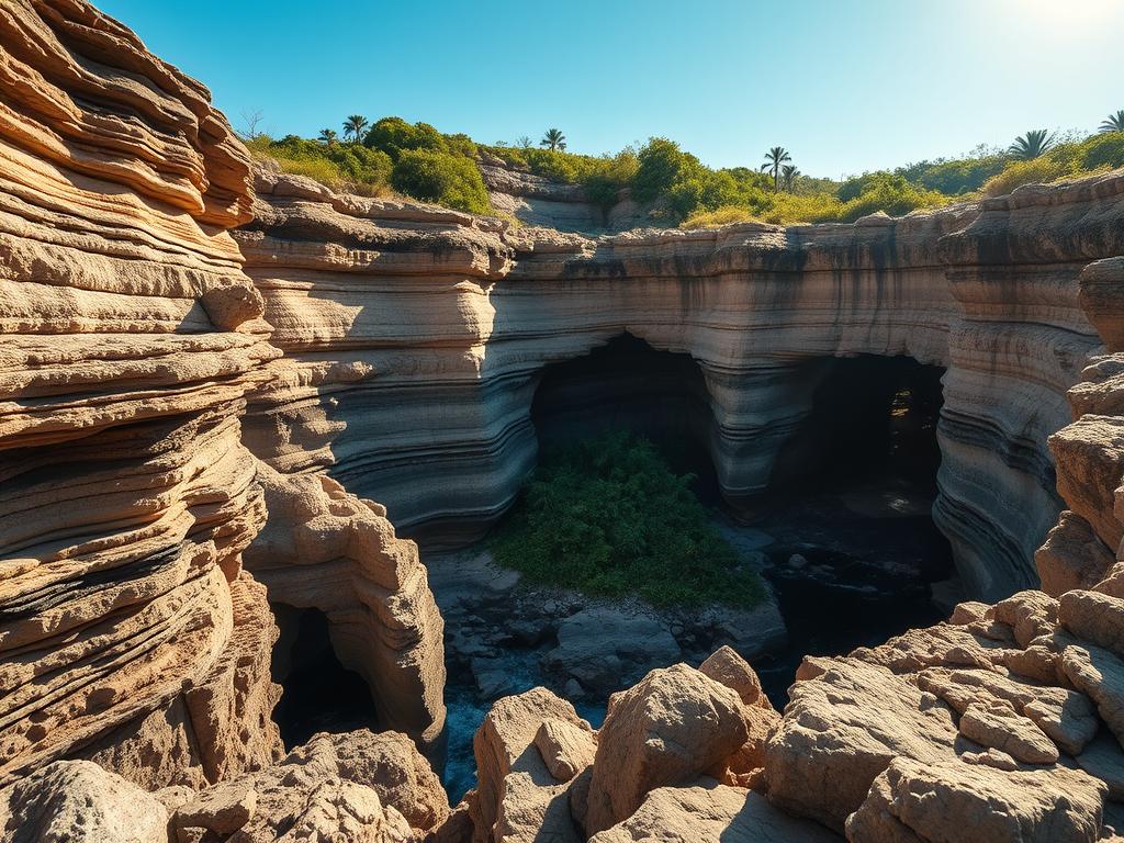 Detailed geological formation of Península Hicacos, Cuba. Dramatic rocky coastline with layered sedimentary rock formations, carved by wind and waves over millennia. Rugged cliffs, deep coves, and weathered caverns in the foreground. Lush tropical vegetation in the middle ground, framing the scene. Warm, golden afternoon sunlight casts long shadows across the landscape. Capture the essence of this unique geological wonder with a wide-angle lens, conveying a sense of scale and grandeur. Evoke the timeless, natural beauty of this captivating Cuban peninsula.