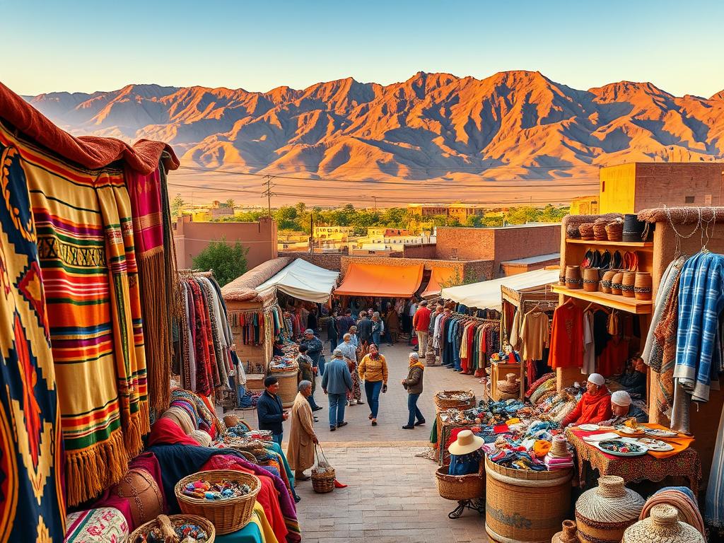 Detailed, vibrant depiction of Berber culture and traditions against a panoramic backdrop. Foreground showcases intricate Berber textiles, handcrafted jewelry, and traditional leather goods. Middle ground features bustling Berber marketplace, with artisans showcasing their wares and locals engaged in lively interactions. Background reveals the majestic Atlas Mountains, bathed in warm, golden light, conveying a timeless, timeless ambiance. Photorealistic rendering, using a wide-angle lens to capture the expansive scale and immersive atmosphere. Emphasis on the harmonious blend of ancient practices and modern influences that define the rich cultural heritage of the Berber people.